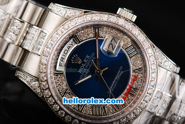 Rolex Day-Date Automatic Movement Full Steel with Blue Dial-Roman Markers and Diamond Bezel - Click Image to Close